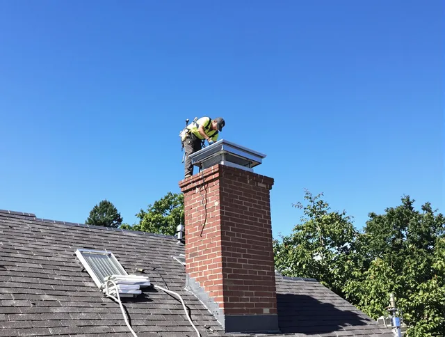 North Royalton Chimney Sweep technician measuring a chimney cap in North Royalton, OH
