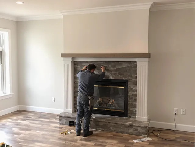North Royalton Chimney Sweep finishing a custom fireplace install in North Royalton, OH